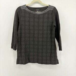 Ann Taylor Factory‎ Black Gray Plaid Faux Leather Trim 3/4 Sleeve Sweater Top S